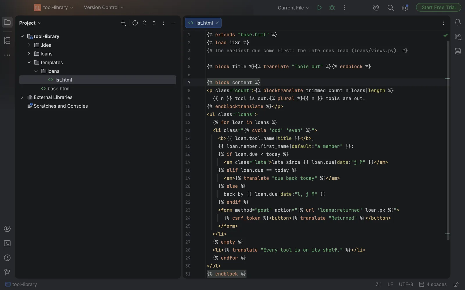 A Django template open in IntelliJ IDEA in a dark theme, with its tags, variables and filters in colour