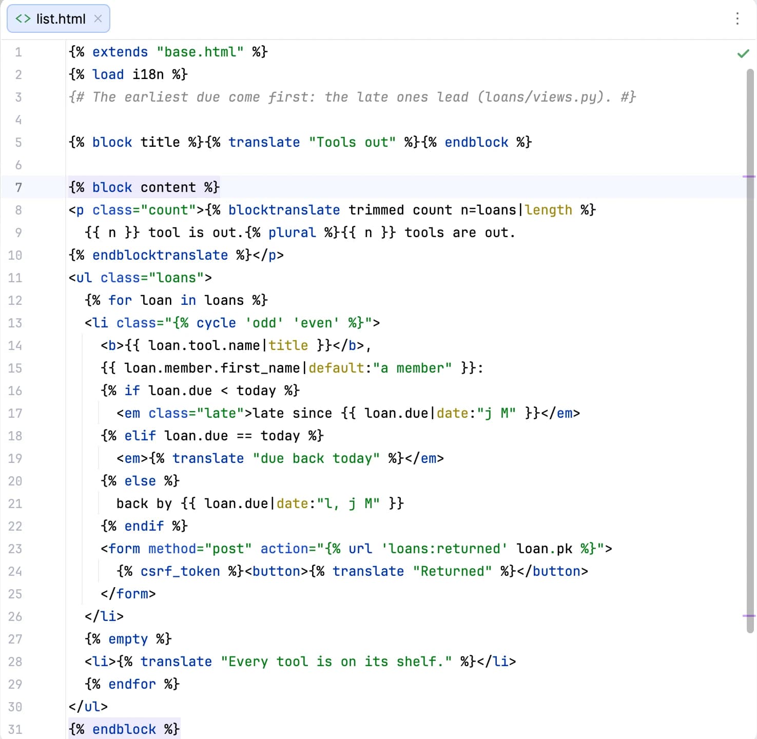 A Django template in the editor, with extends, load, block, for, if and translate tags, variables, filters and a comment each in their own colour