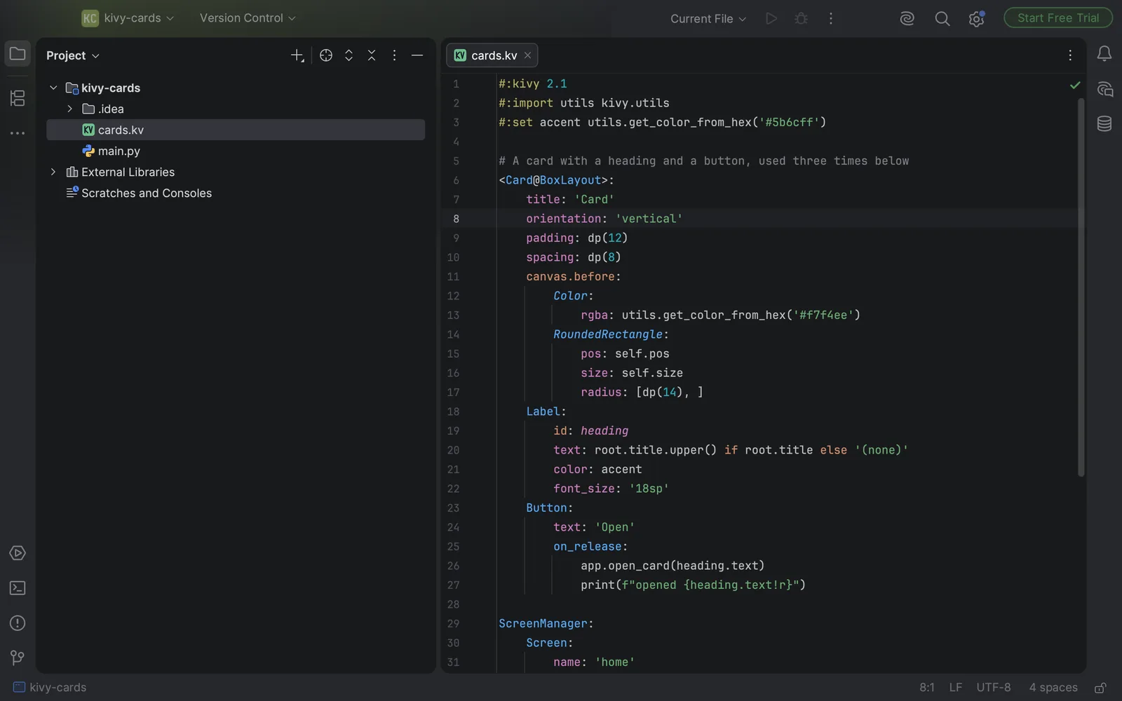 A Kivy .kv file open in IntelliJ IDEA in a dark theme, with its rules, widgets and properties in colour