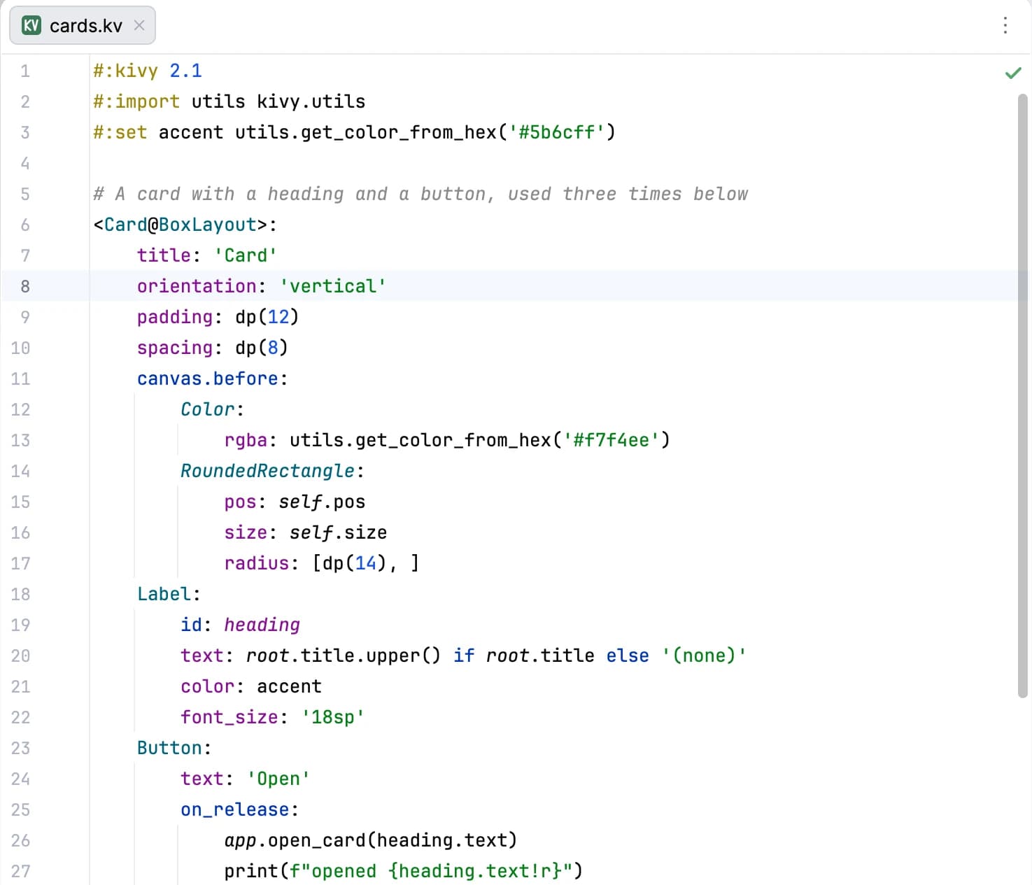 A Kivy .kv file in the editor, with directives, a dynamic class rule, properties, ids, canvas instructions and Python values each in their own colour