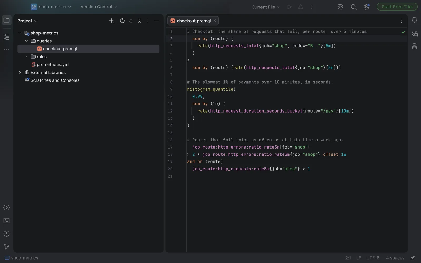 A .promql file open in IntelliJ IDEA in a dark theme, with functions, metric names, labels and durations in colour