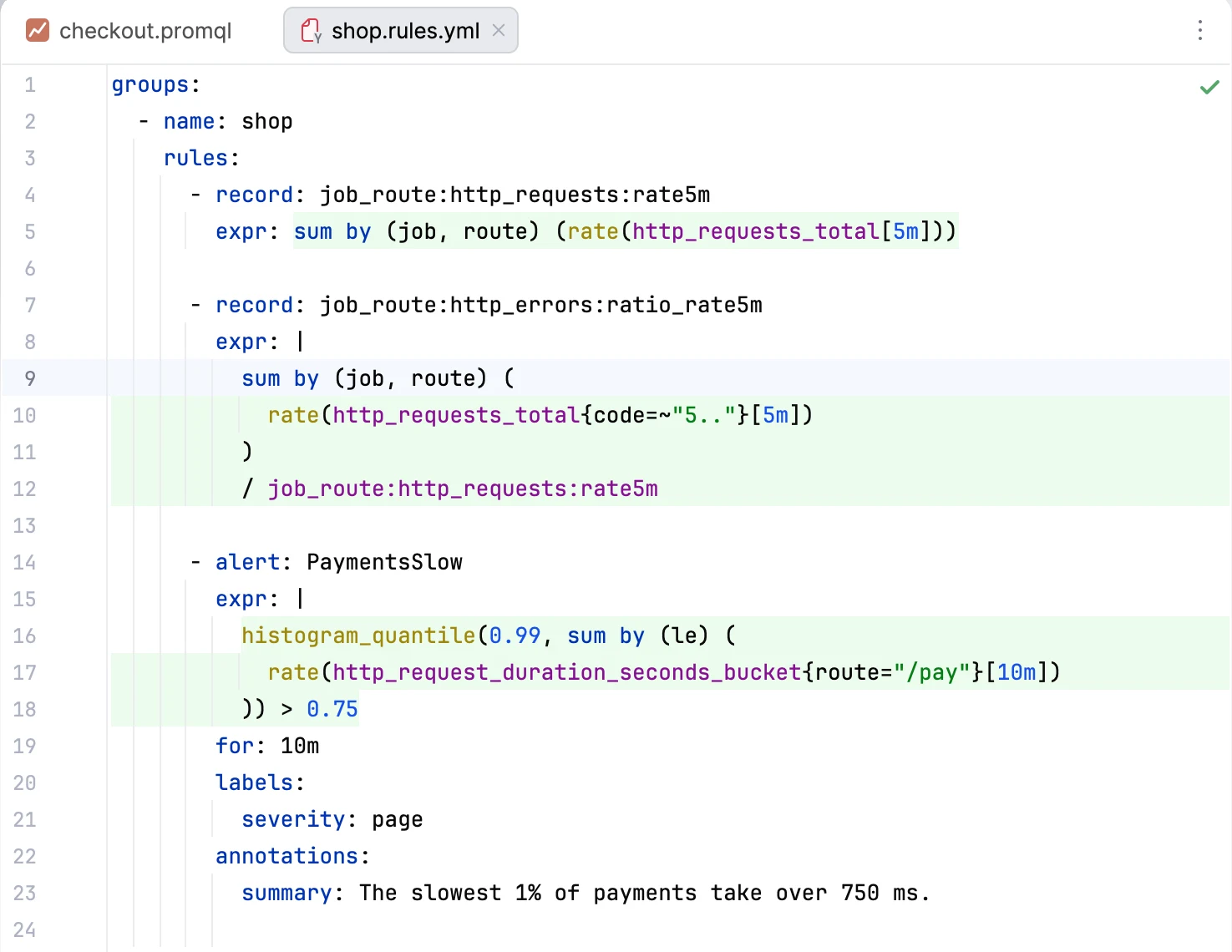 A Prometheus rule file in the editor, where the queries in each expr: are coloured while the YAML around them keeps its own colours