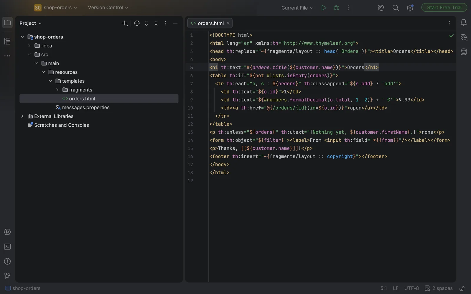 A Thymeleaf template open in IntelliJ IDEA in a dark theme, with the expressions in its th: attributes in colour
