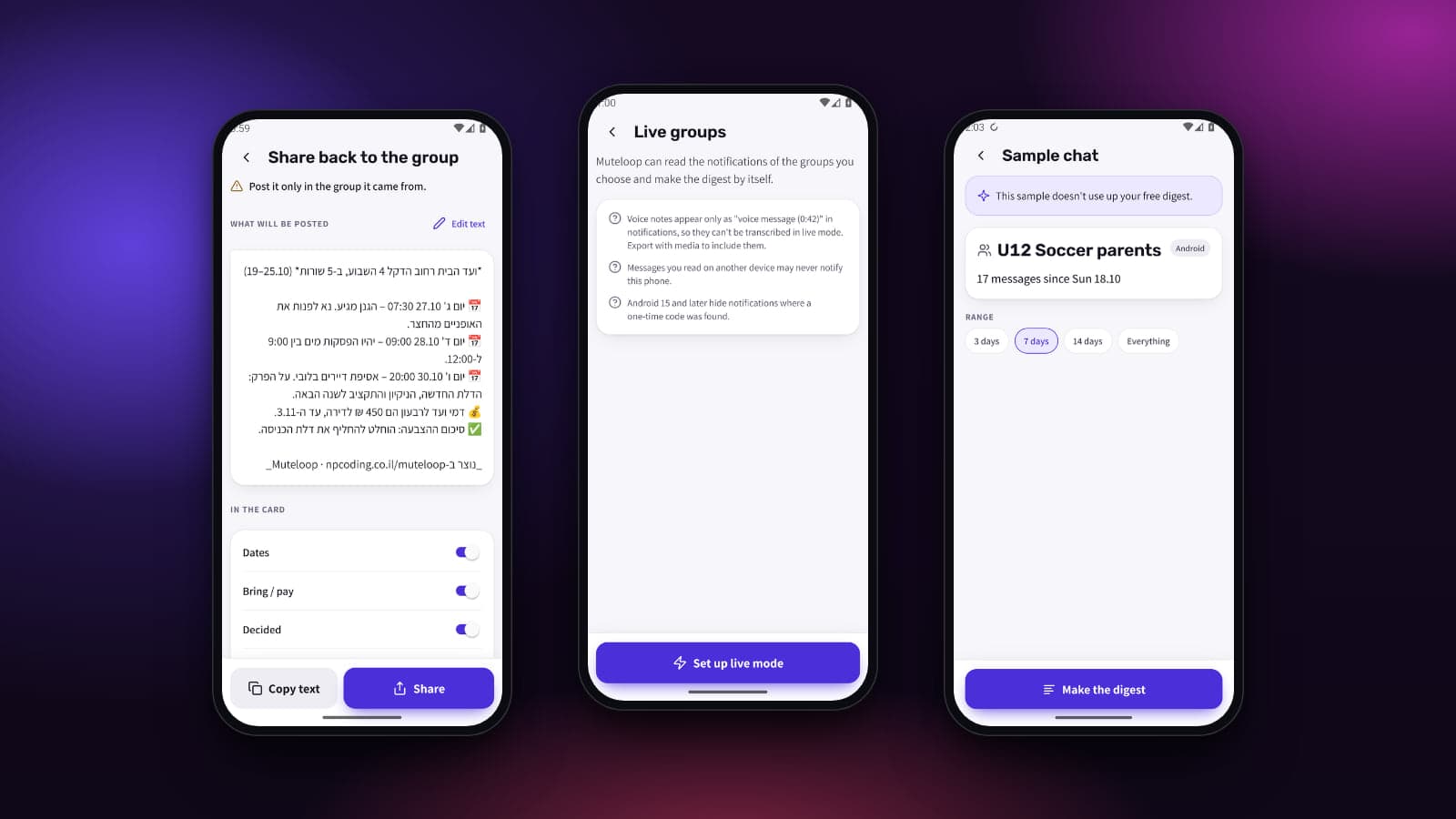 Muteloop — the share-back card, the live-groups explanation and a sample chat, with demo data