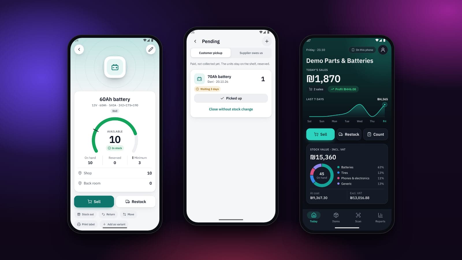 Inventory & Sales — a battery item card, the pending list and the Today screen in dark mode, with demo data