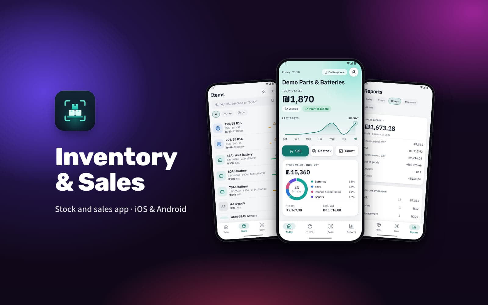 Inventory & Sales — the items, today and reports screens of the app
