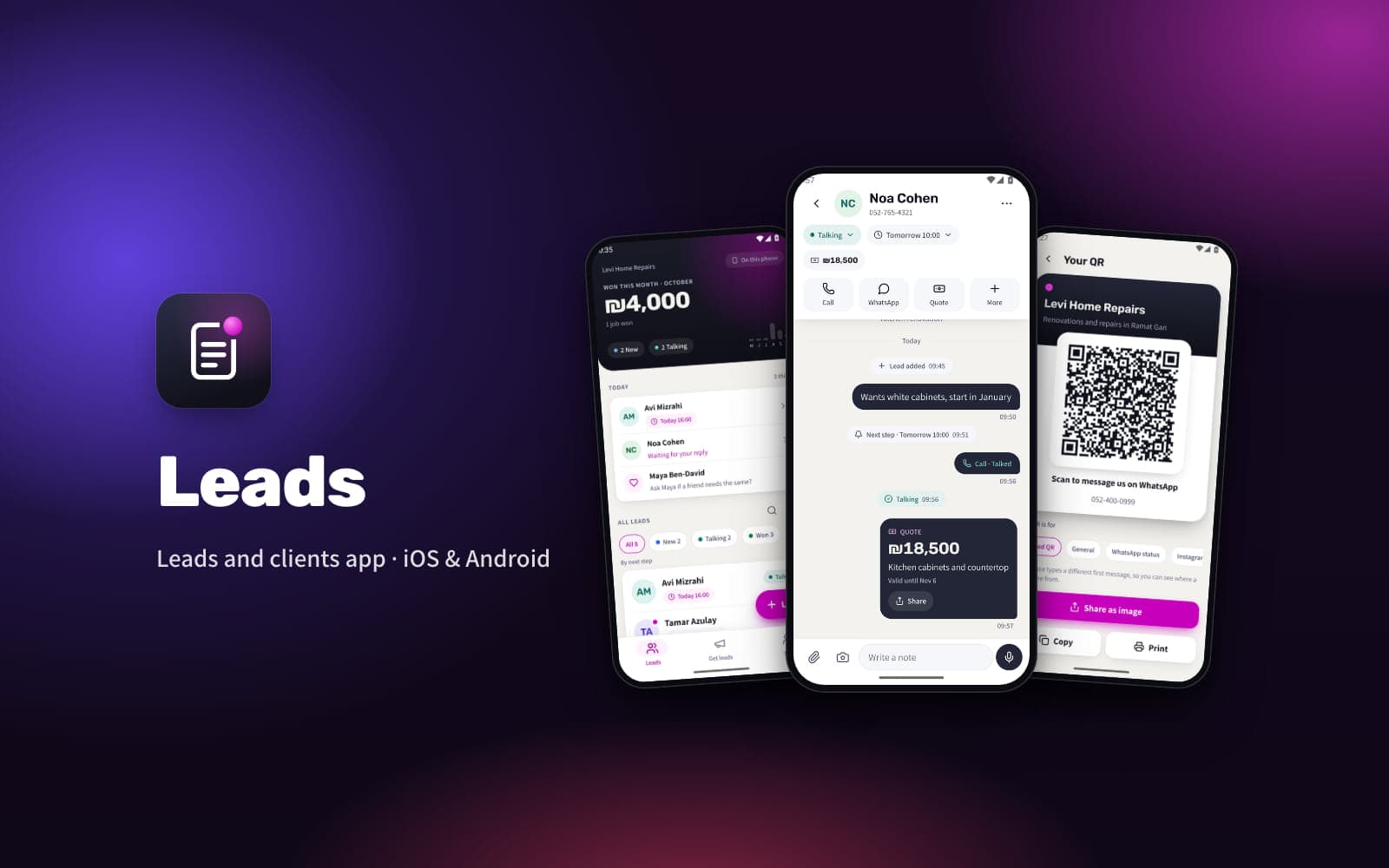 Leads — the leads list, a client thread and the QR screen of the app