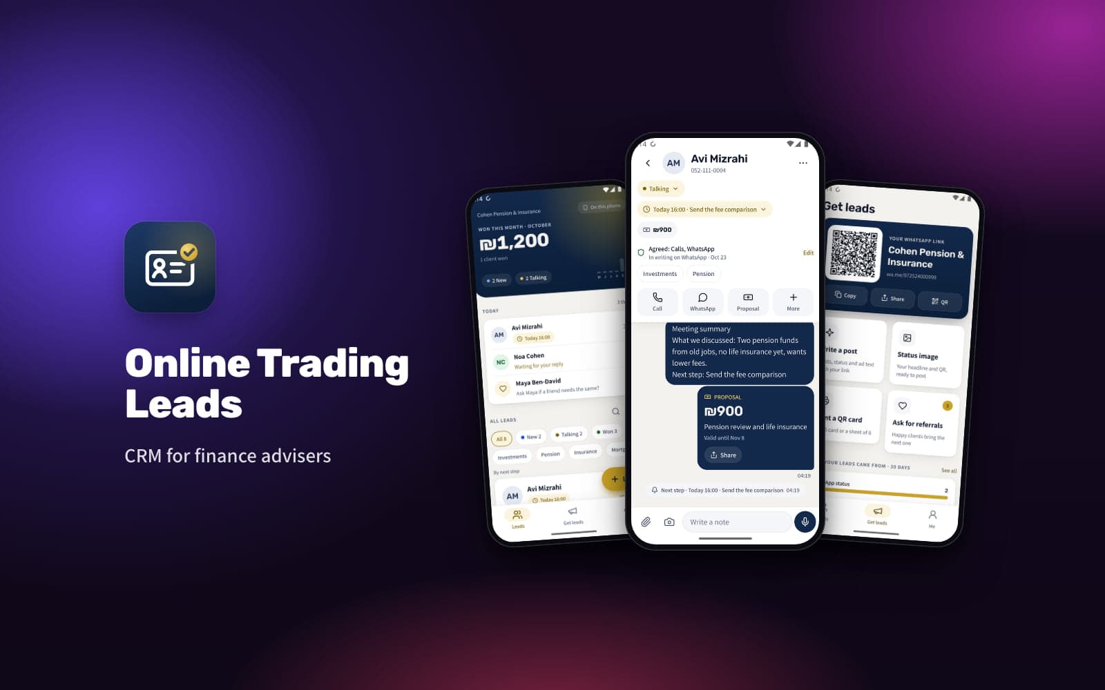 Online Trading Leads — the leads list, a client thread and the Get leads screen