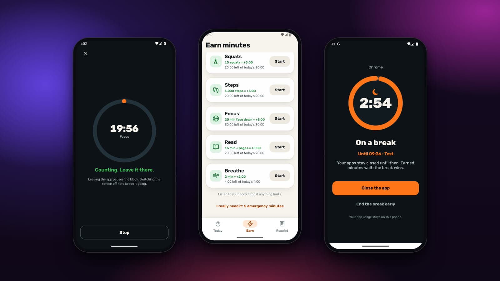 I Need a Break — a focus block counting down, the earn-minutes screen and the block screen during a break, with demo data