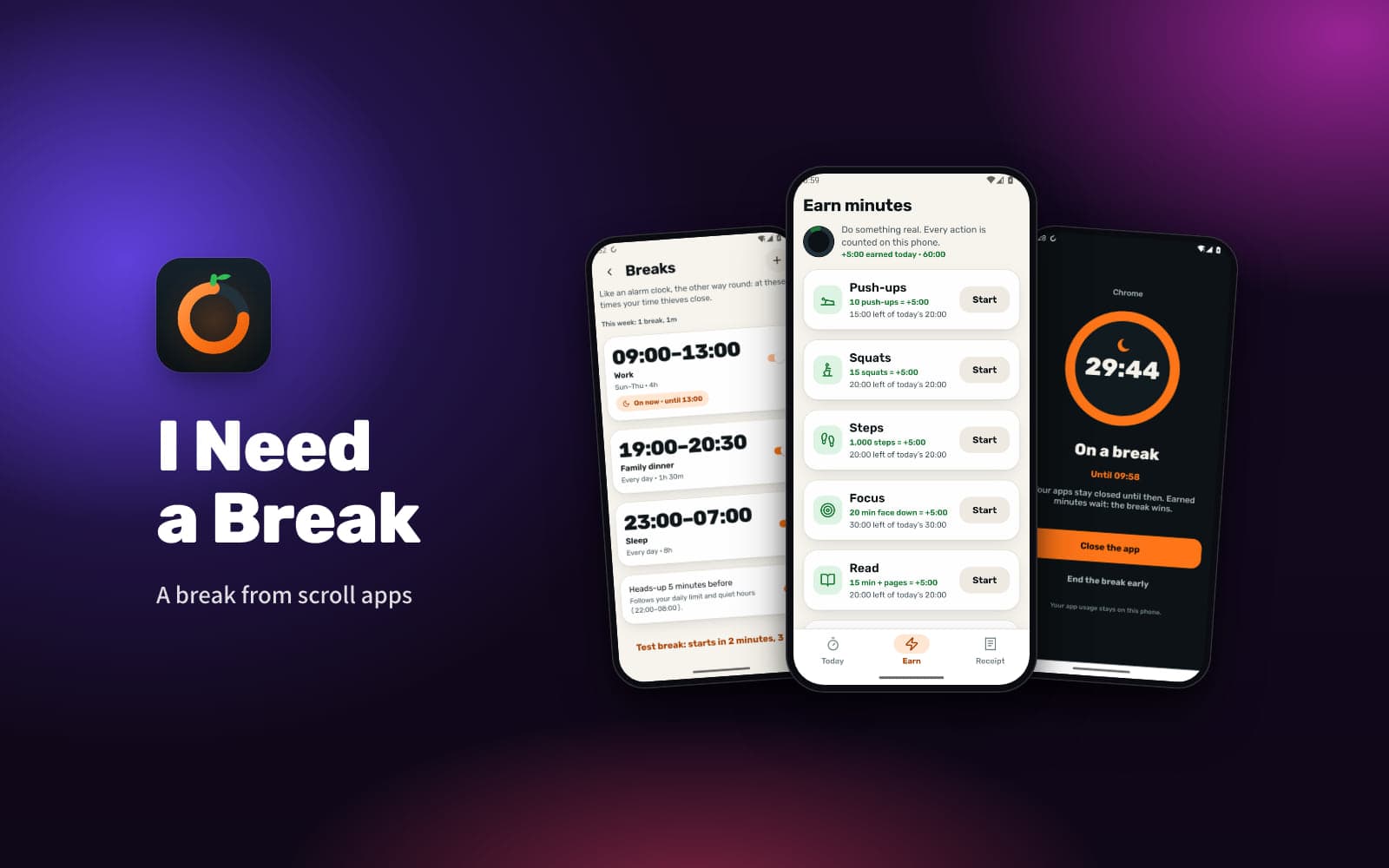 I Need a Break — the breaks schedule, the Earn minutes screen and the block screen during a break