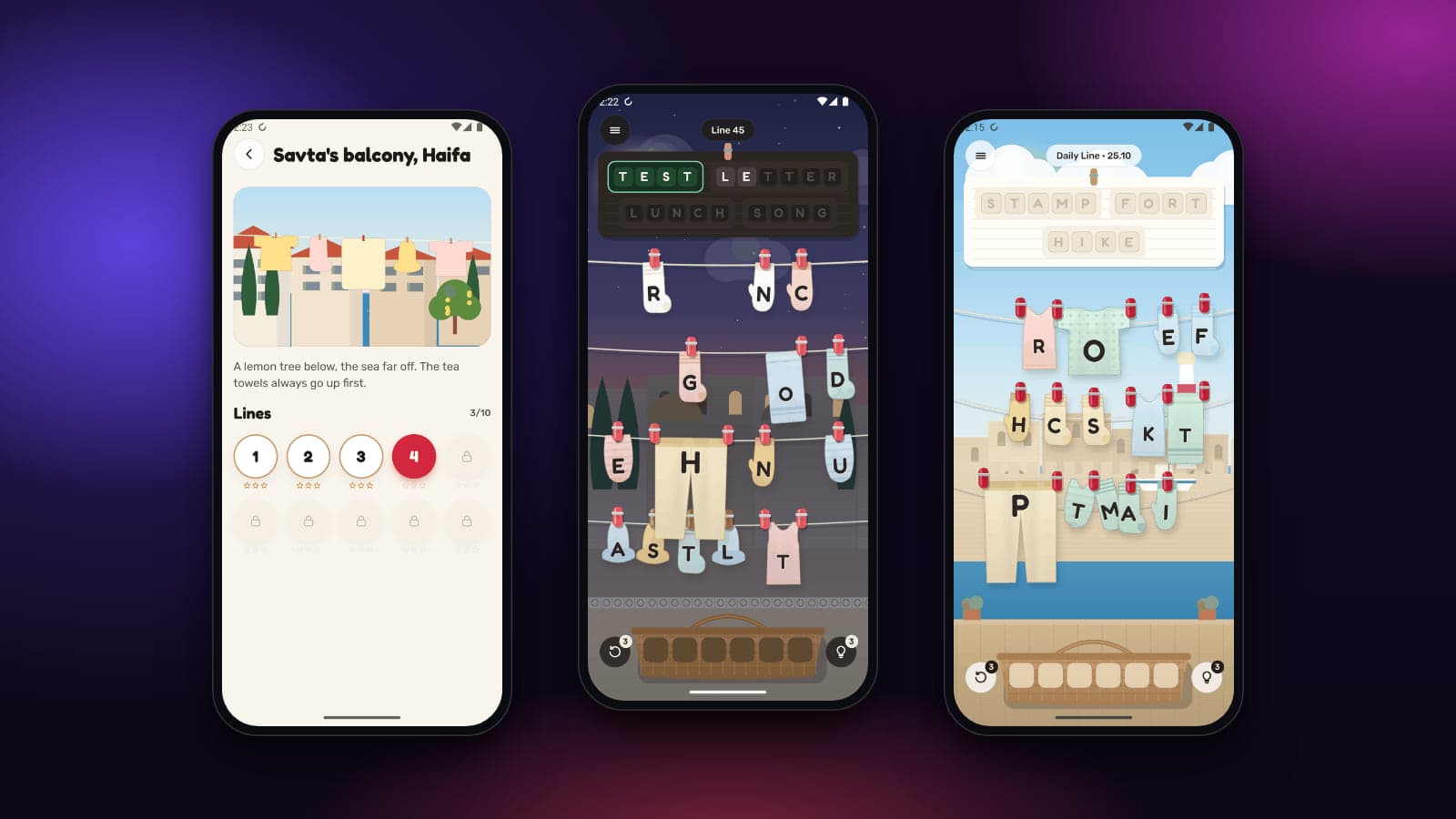 Clothespun — the level pack, a level in dark mode and the Daily Line, on a washing line over a real place