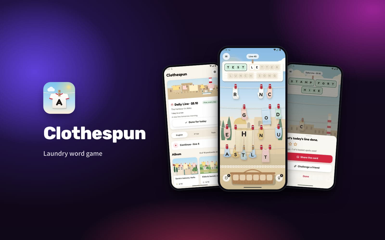 Clothespun — the home screen, a level on a washing line and the daily-line result